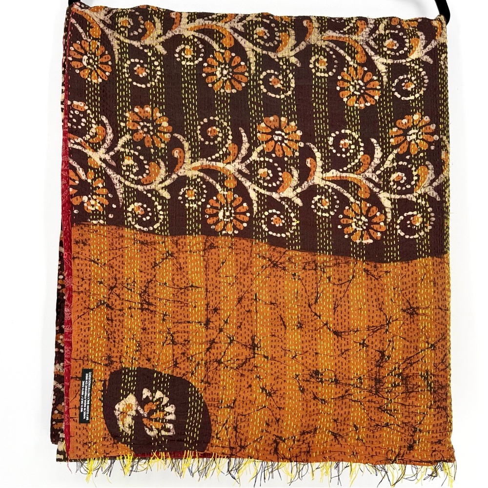 100% Silk Kantha Hand Embroidered Floral Sari India Large Scarf Fringe